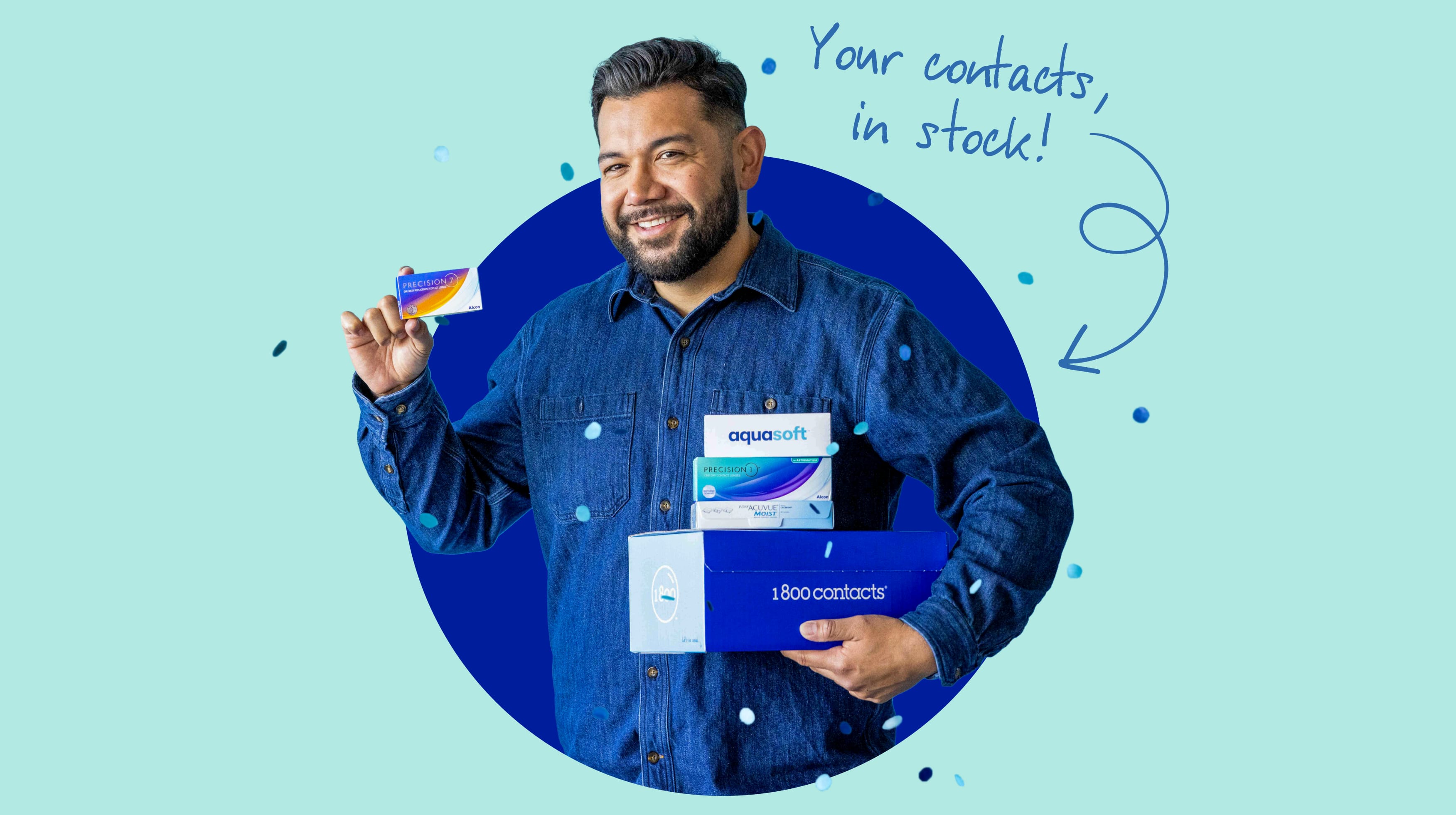 Man holding contacts box with "your contacts in stock" messaging.