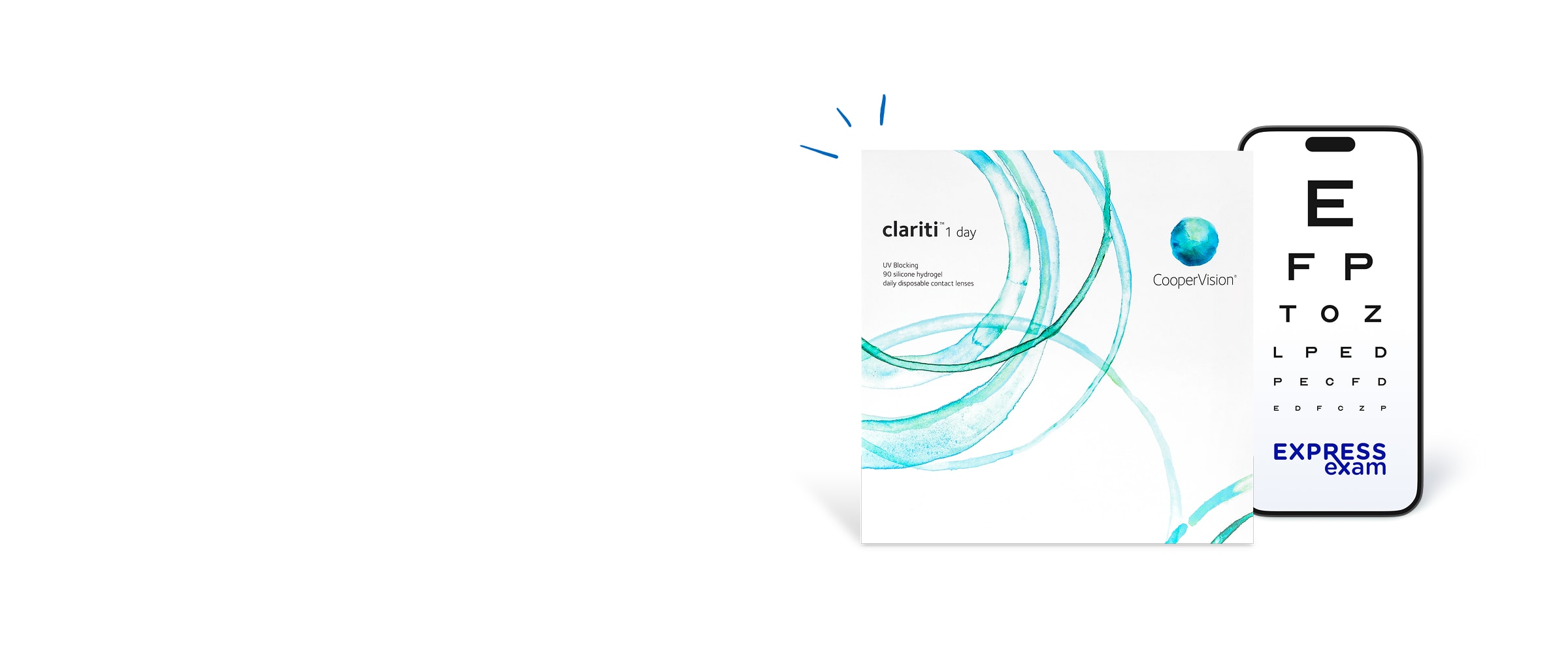 Clariti 1 Day contact lens box next to a phone displaying an eye chart and Express Exam