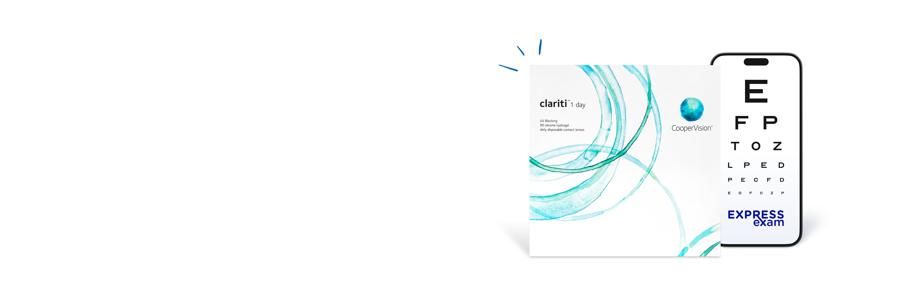 Clariti 1 Day contact lens box next to a phone displaying an eye chart and Express Exam
