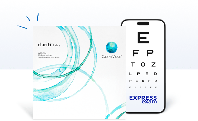 Clariti 1 Day contact lens box next to a phone displaying an eye chart and Express Exam