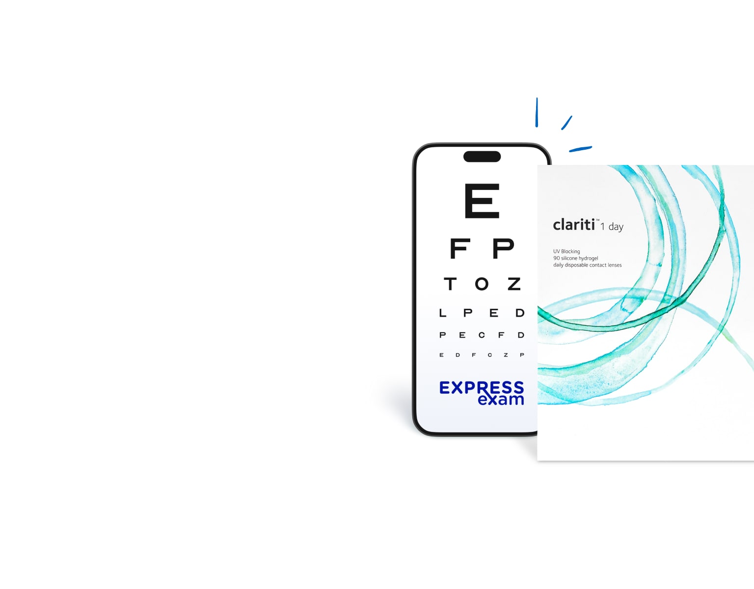 Clariti 1 Day contact lens box next to a phone displaying an eye chart and Express Exam