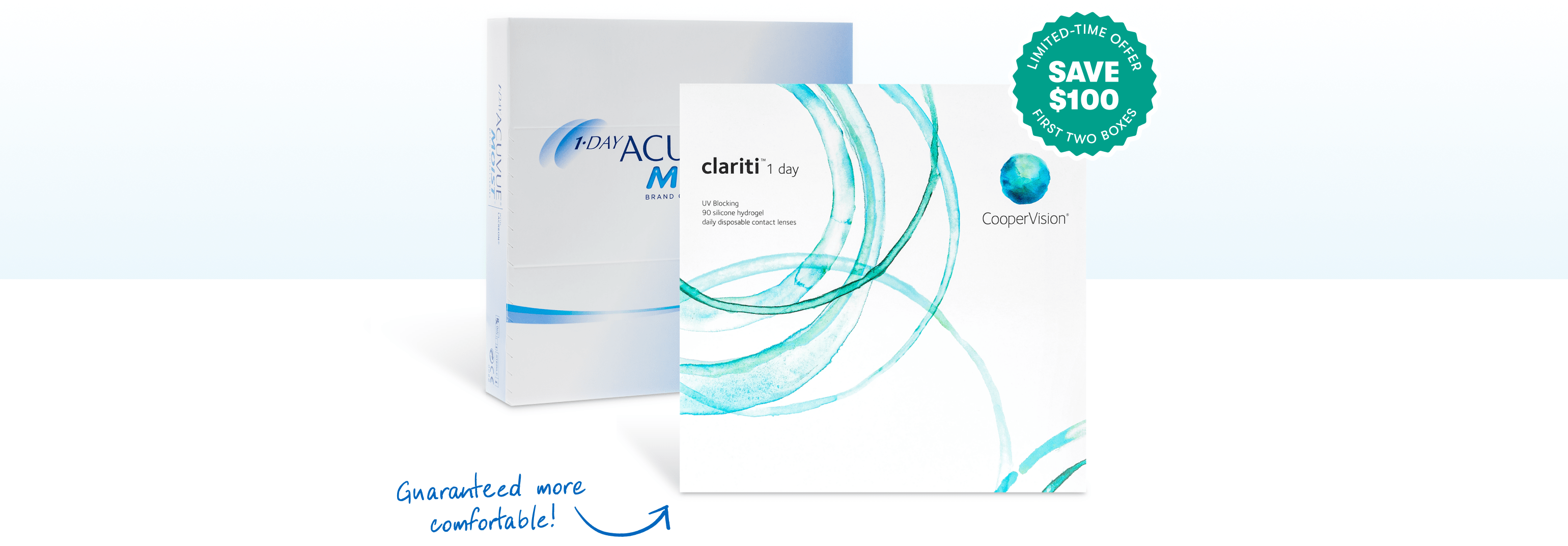Acuvue and Clariti daily contact lens boxes with a 100 dollar savings badge