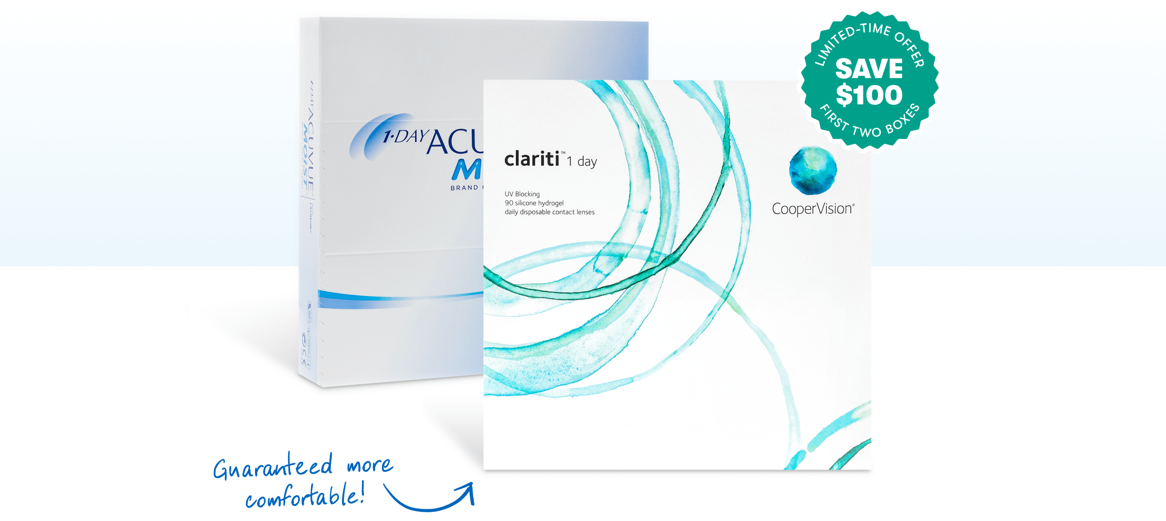 Acuvue and Clariti daily contact lens boxes with a 100 dollar savings badge