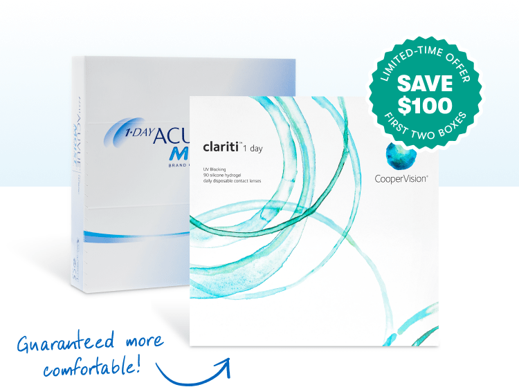 Acuvue and Clariti daily contact lens boxes with a 100 dollar savings badge