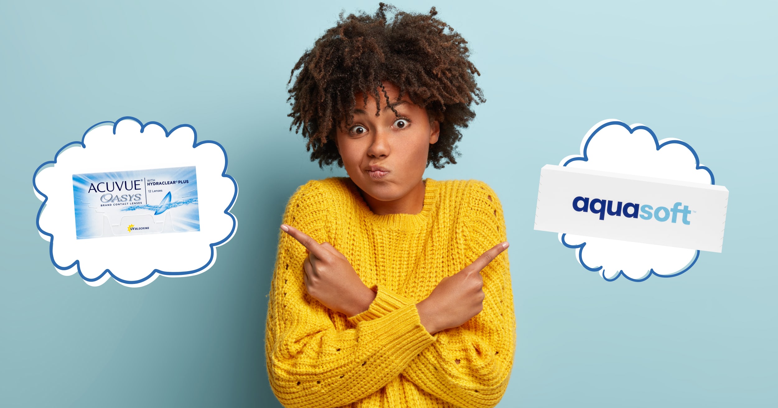 A person deciding between two different contact lens brands