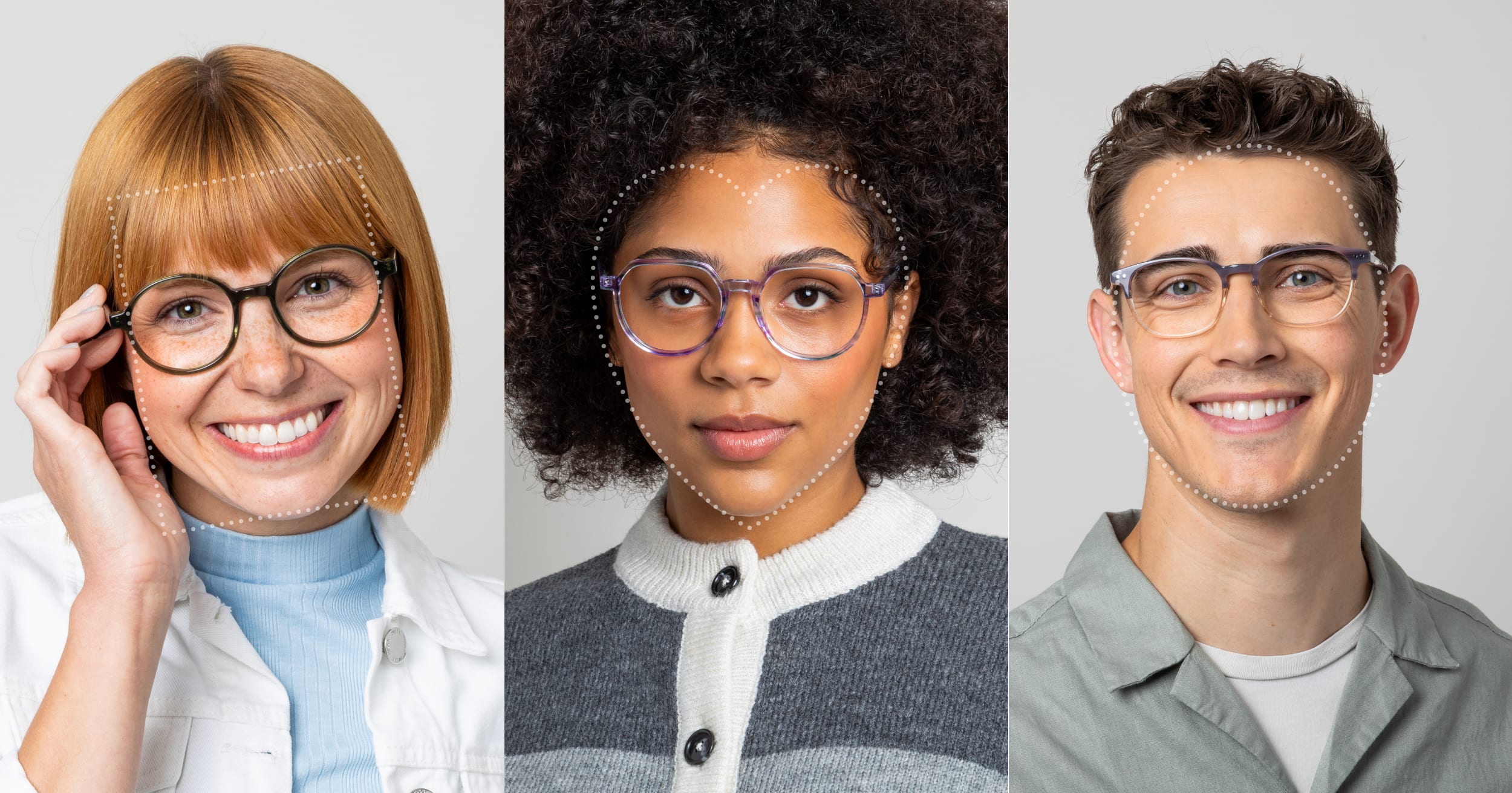 Multiple people wearing different types of glasses frames.