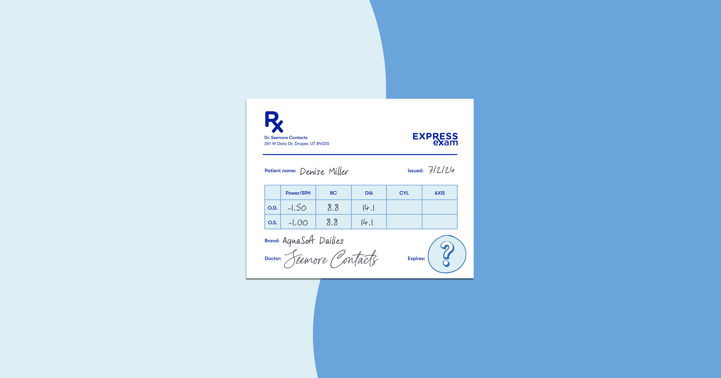 An example of a contact lens prescription from ExpressExam.