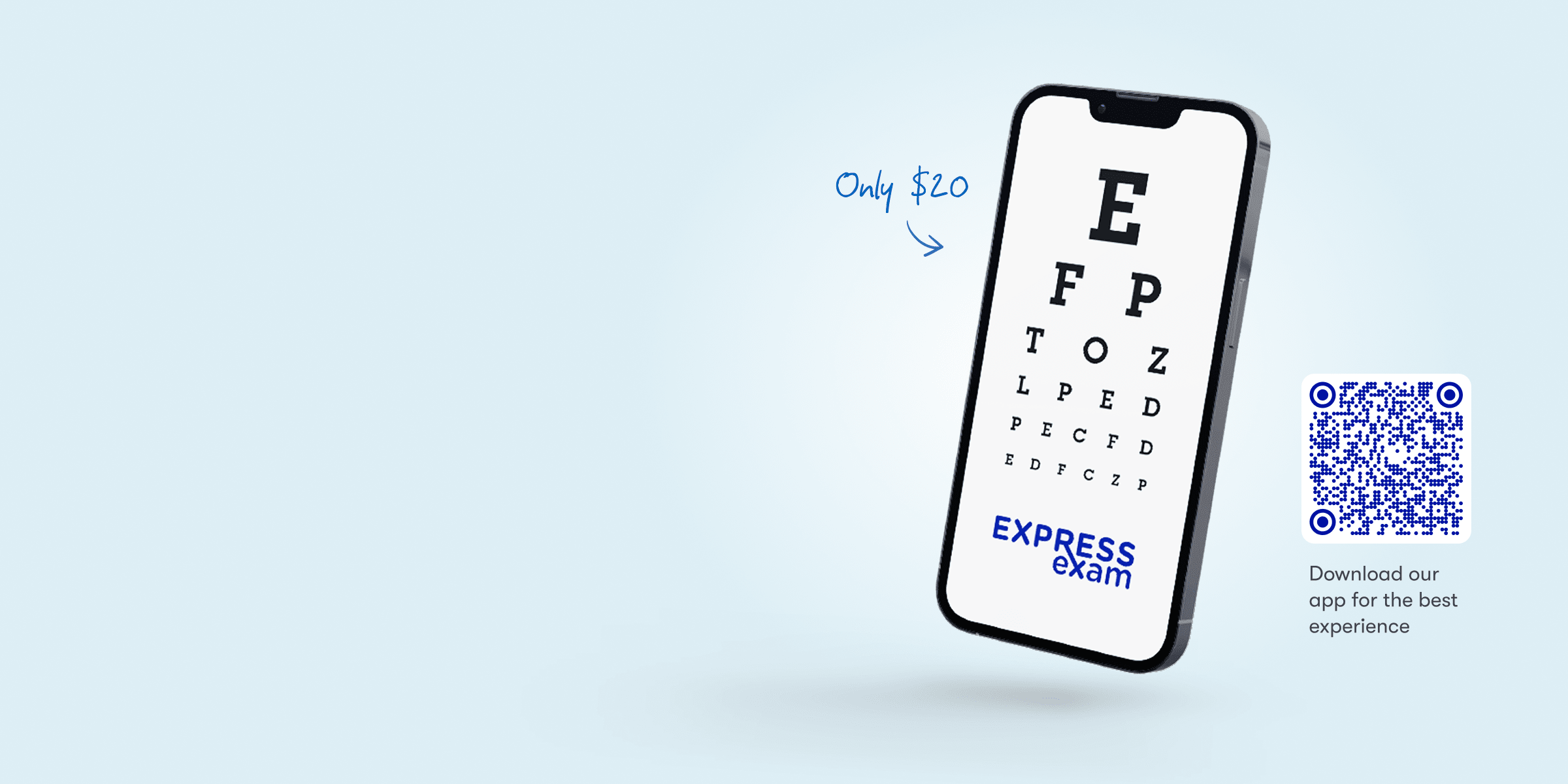 Phone showing online eye test ExpressExam only $20.