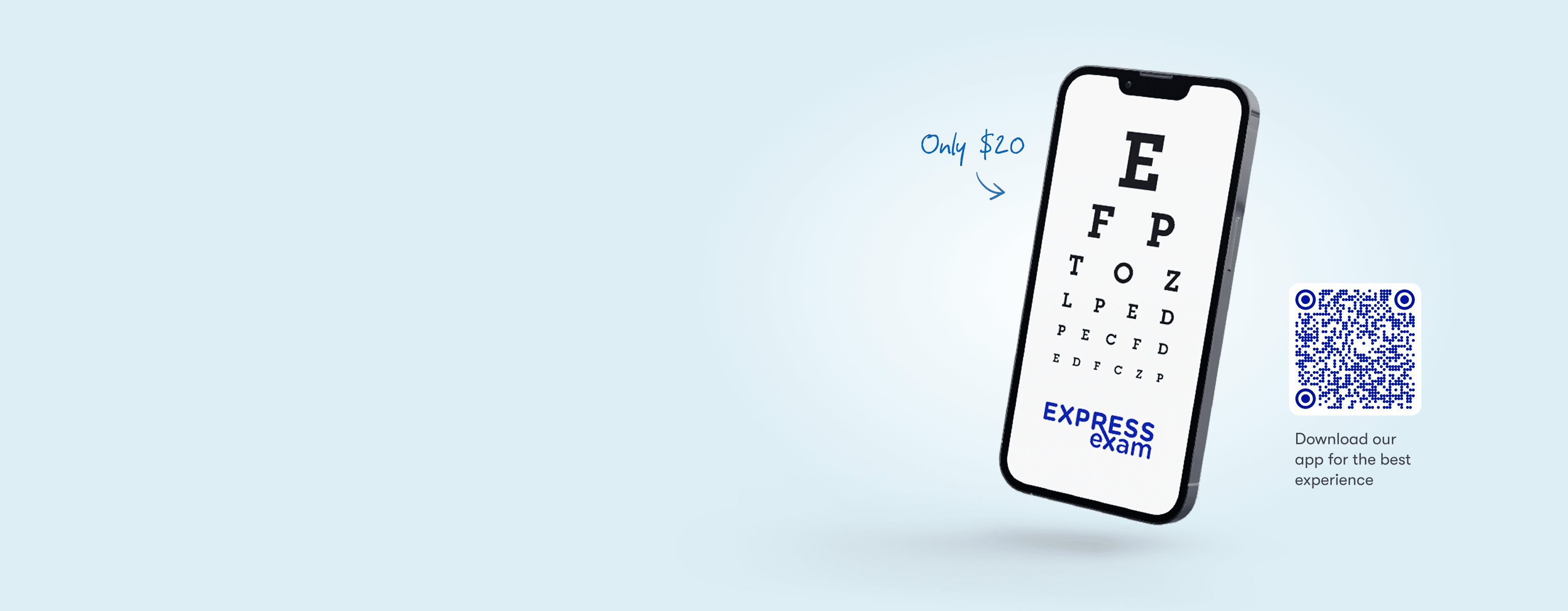 Phone showing online eye test ExpressExam only $20.