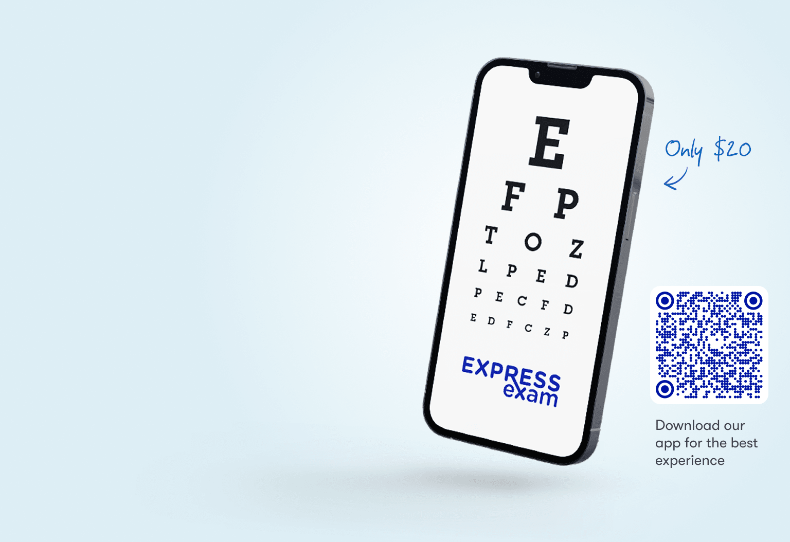 Phone showing online eye test ExpressExam only $20.