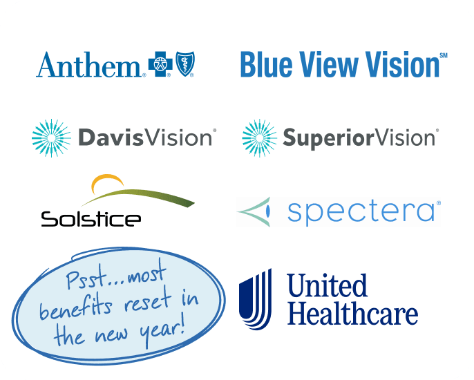 Logo collection of vision insurance providers including Anthem, Blue View Vision, Davis Vision, Superior Vision, Solstice, Spectera, and United Healthcare, with a 'benefits may expire soon' notice