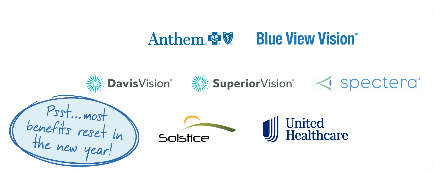 Logo collection of vision insurance providers including Anthem, Blue View Vision, Davis Vision, Superior Vision, Solstice, Spectera, and United Healthcare, with a 'benefits may expire soon' notice