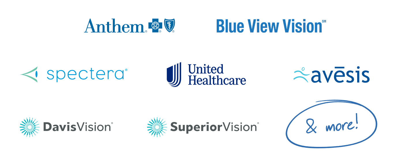 Logos of Anthem, Blue View Vision, Davis Vision, Superior Vision, Avesis, Spectera, United Healthcare, and more.