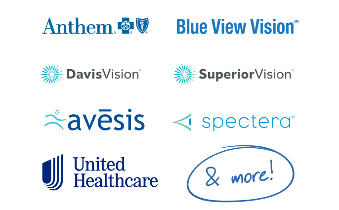 Logos of Anthem, Blue View Vision, Davis Vision, Superior Vision, Avesis, Spectera, United Healthcare, and more.