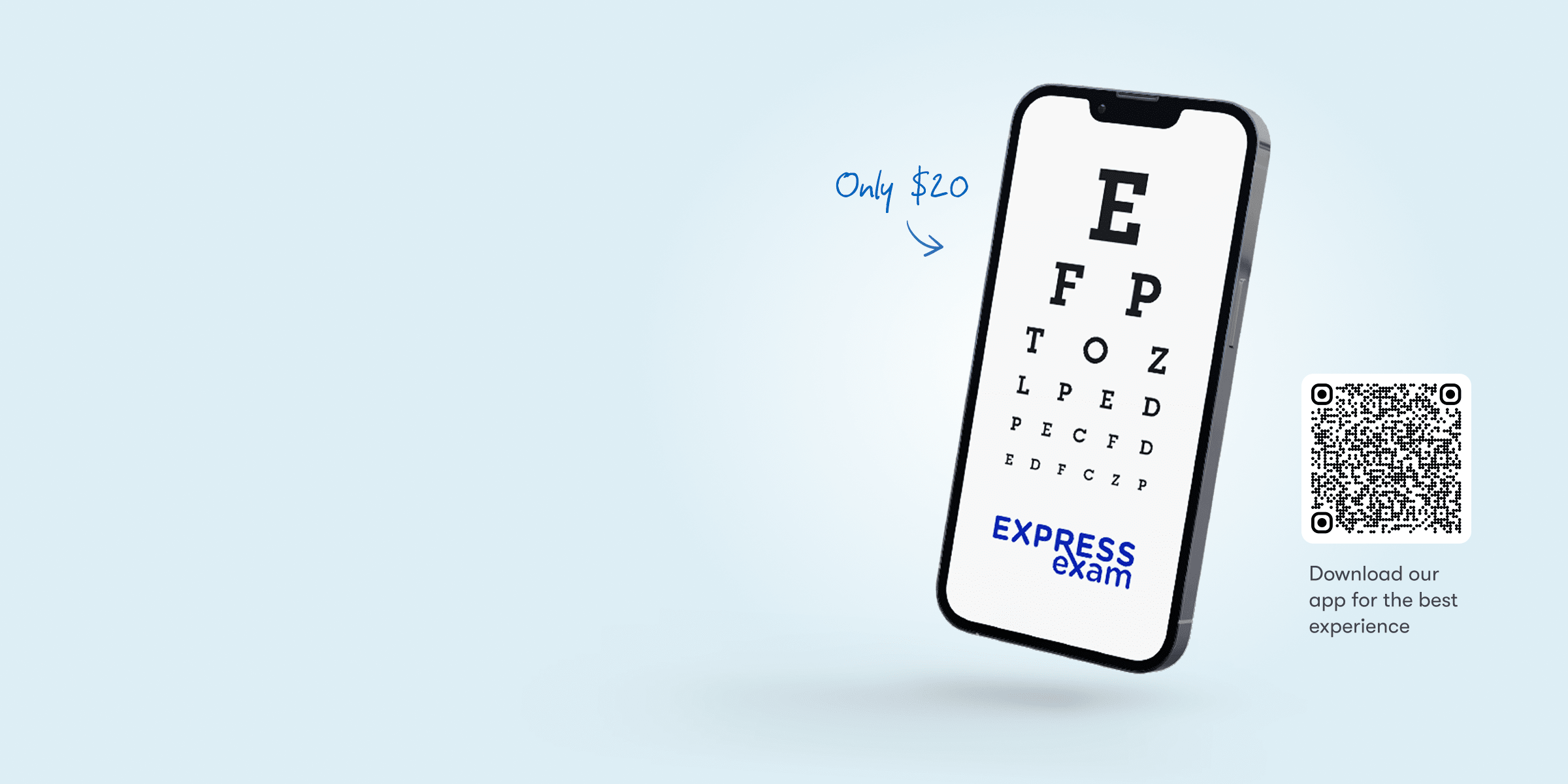 Phone showing online eye test ExpressExam only $20.