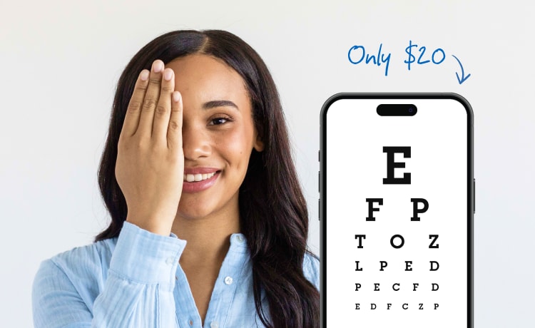 Phone showing online eye test ExpressExam only $20.