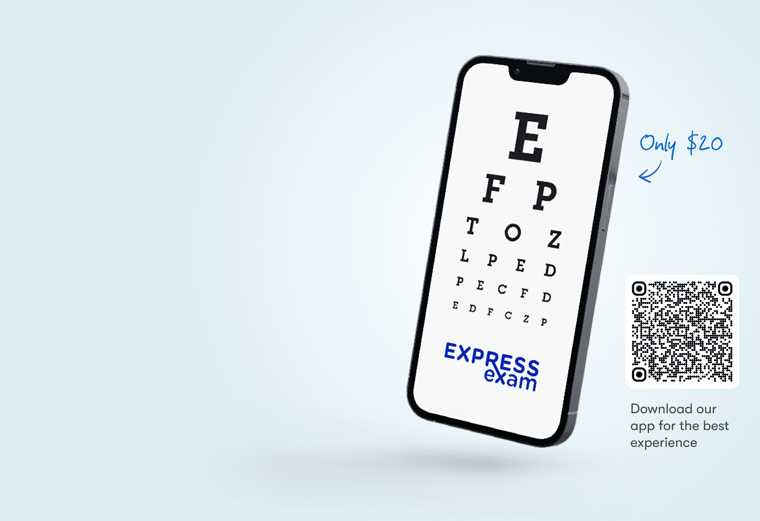 Phone showing online eye test ExpressExam only $20.