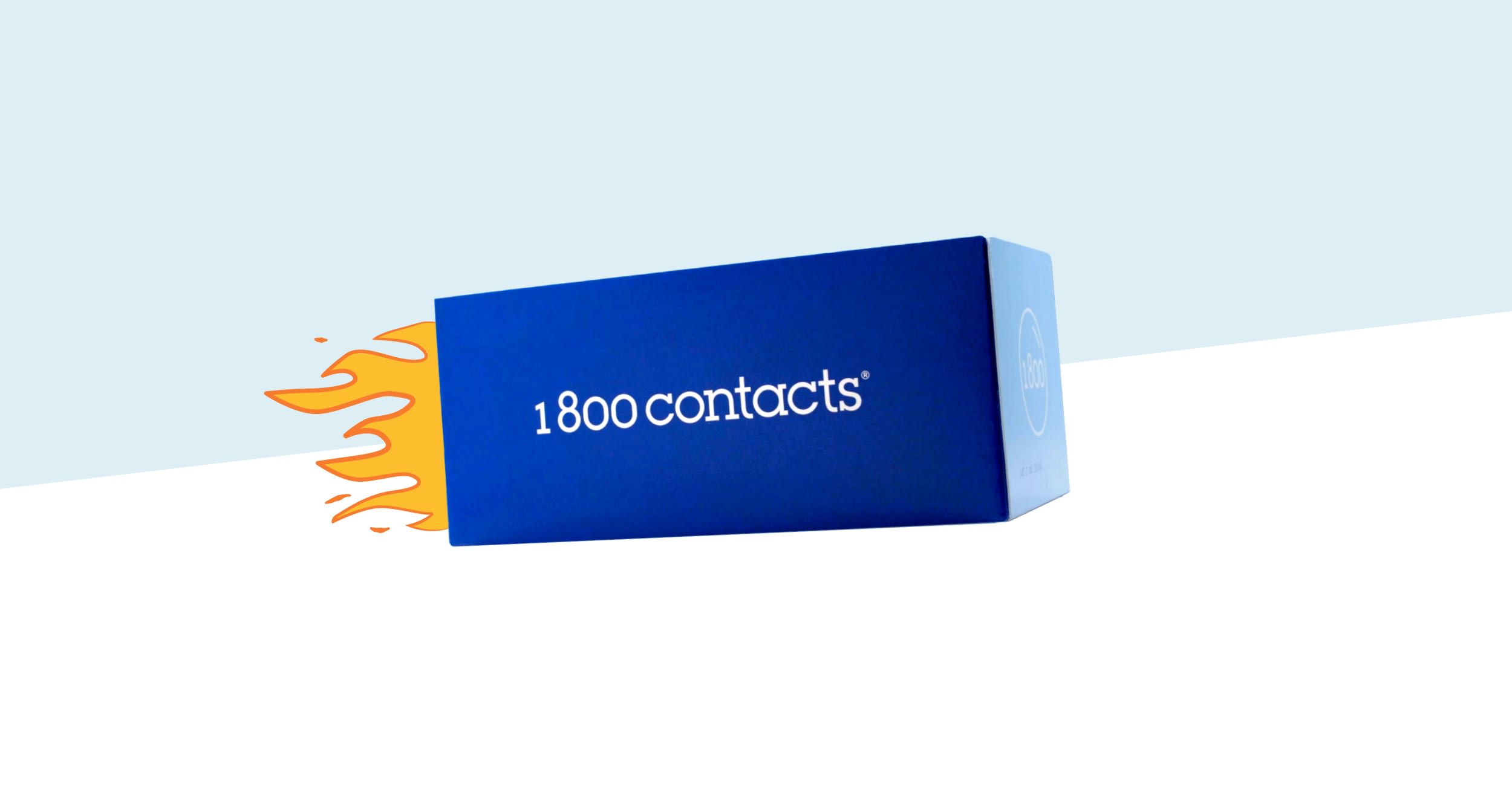 A box of contact lenses from 1-800 Contacts flying across a blue and white background.