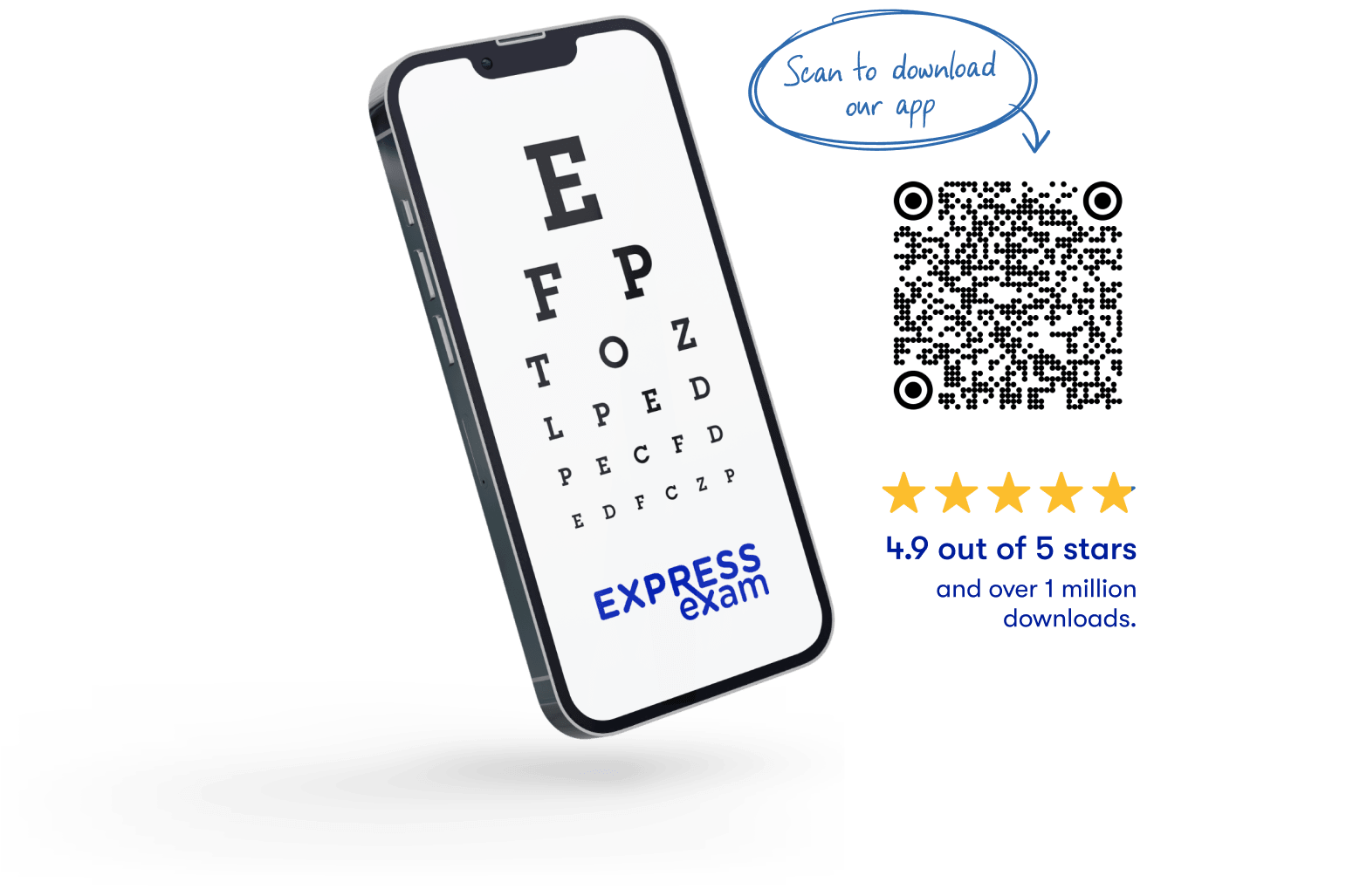 Phone showing online eye test ExpressExam with 4.9 out of 5 stars