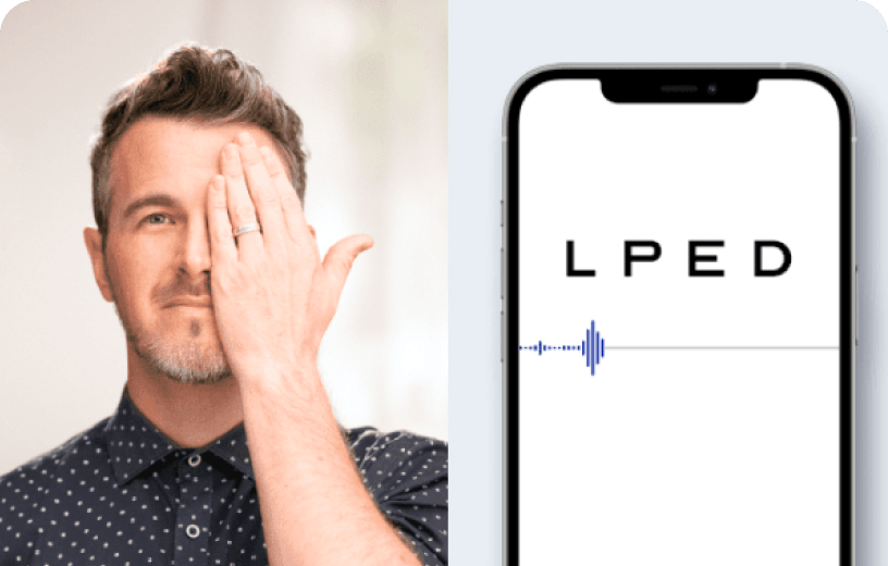 Someone holding their hand over their eye and an online vision test displayed on a phone