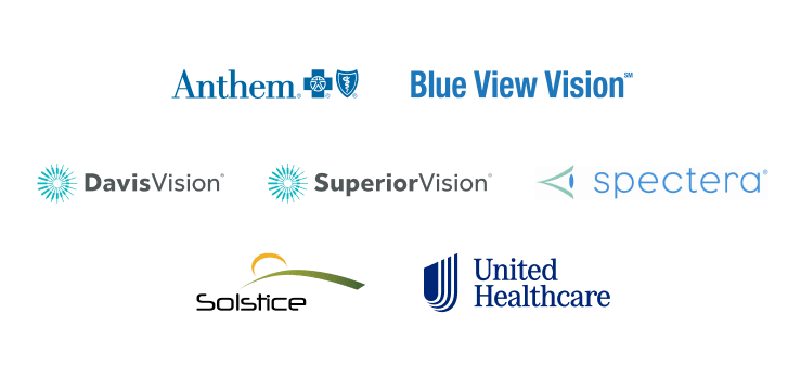 Logo collection of vision insurance providers including Anthem, Blue View Vision, Davis Vision, Superior Vision, Solstice, Spectera, and United Healthcare, with a 'benefits may expire soon' notice