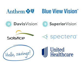 Logo collection of vision insurance providers including Anthem, Blue View Vision, Davis Vision, Superior Vision, Solstice, Spectera, and United Healthcare, with a 'benefits may expire soon' notice