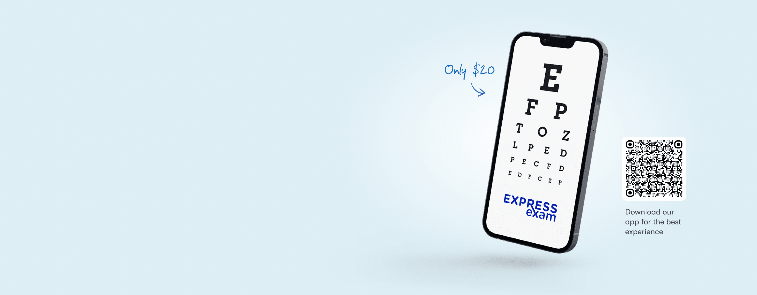 Phone showing online eye test ExpressExam only $20.