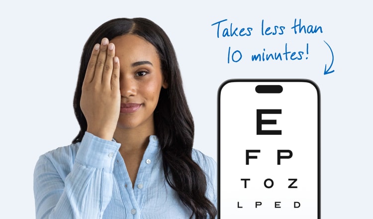 Woman covering one eye next to a phone displaying an eye exam chart with text stating it takes less than 10 minutes