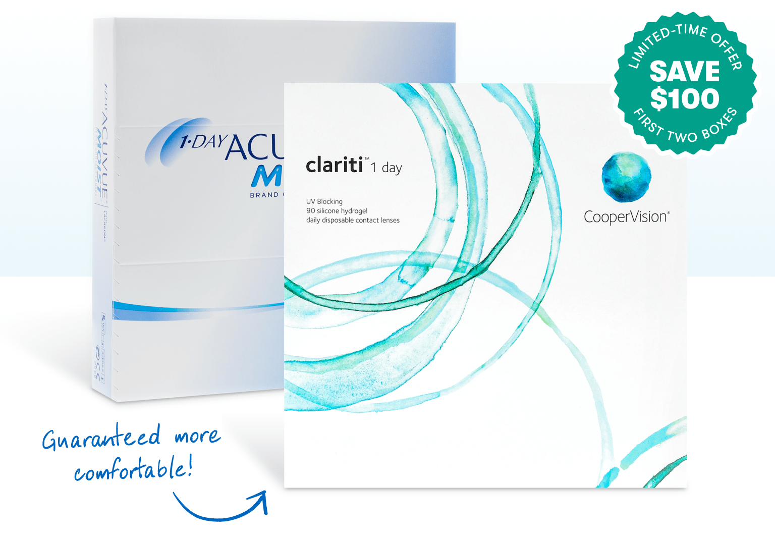 Acuvue and Clariti daily contact lens boxes with a 100 dollar savings badge