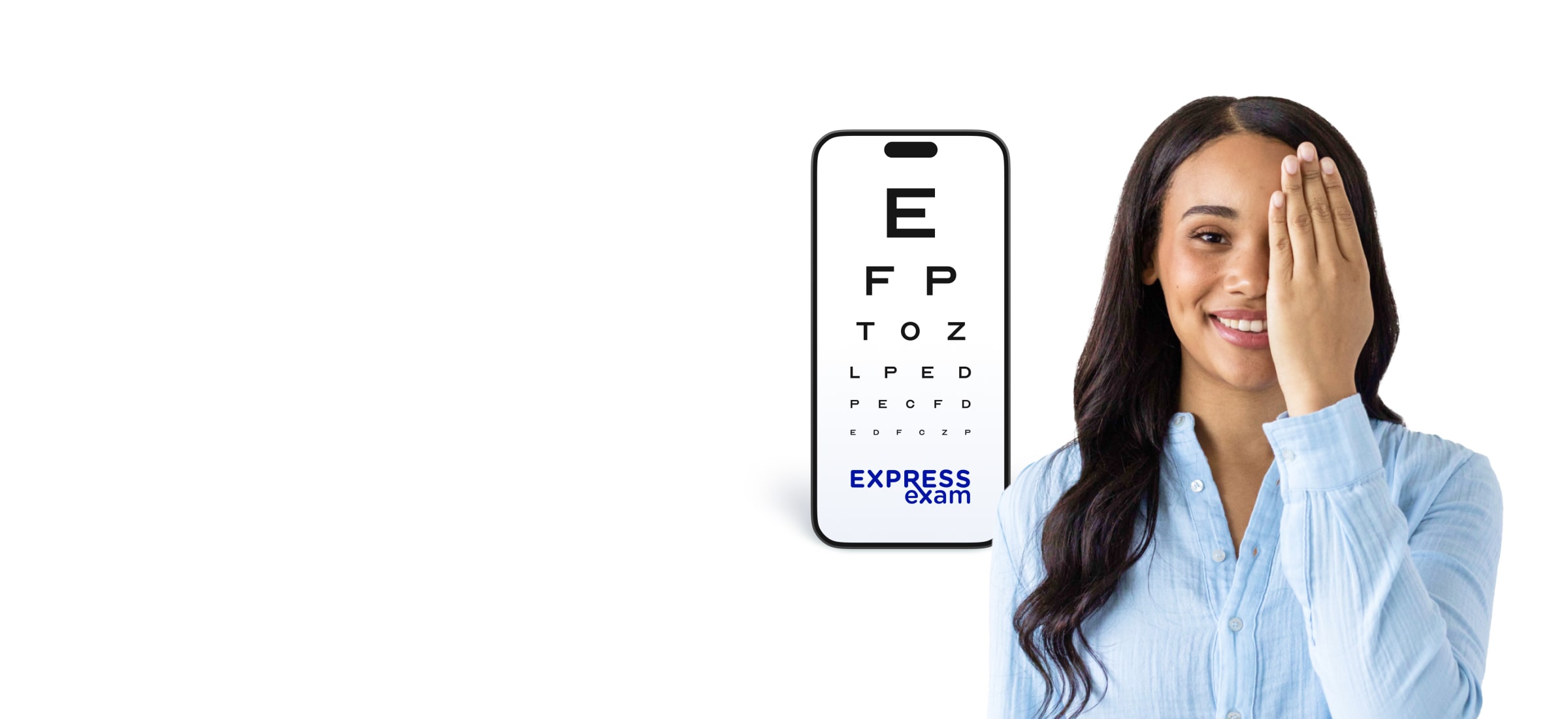 Model taking Express Exam on phone.