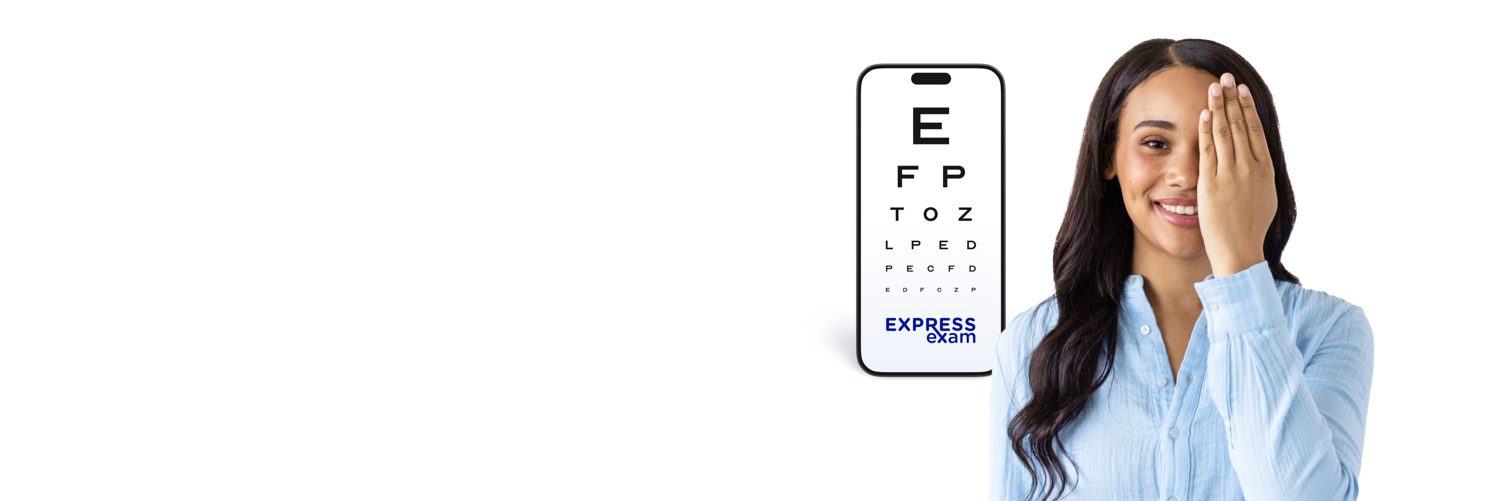 Model taking Express Exam on phone.