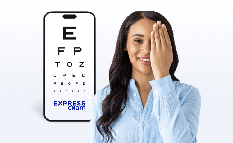 Model taking Express Exam on phone.