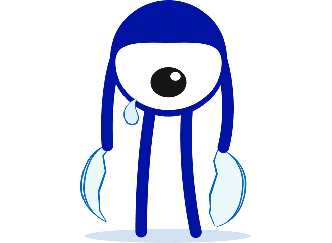 Sad seemore mascot with torn lens